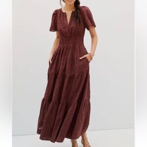 Anthropologie Somerset Maxi Dress Eyelet Edition Tiered Chocolate BROWN L
